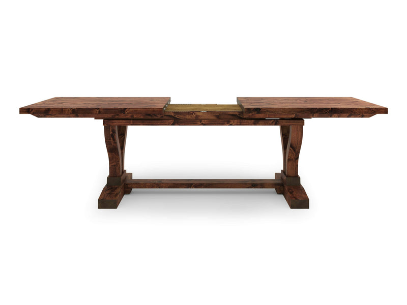 Introducing the Vera Expandable Dining Table - Tuscany by James+James: a rustic wooden dining table featuring thick legs and a trestle base. Finished in dark wood, this table includes an extendable middle section that reveals a mechanism to add an extra leaf for additional seating. The table is displayed here without the extra leaf inserted.