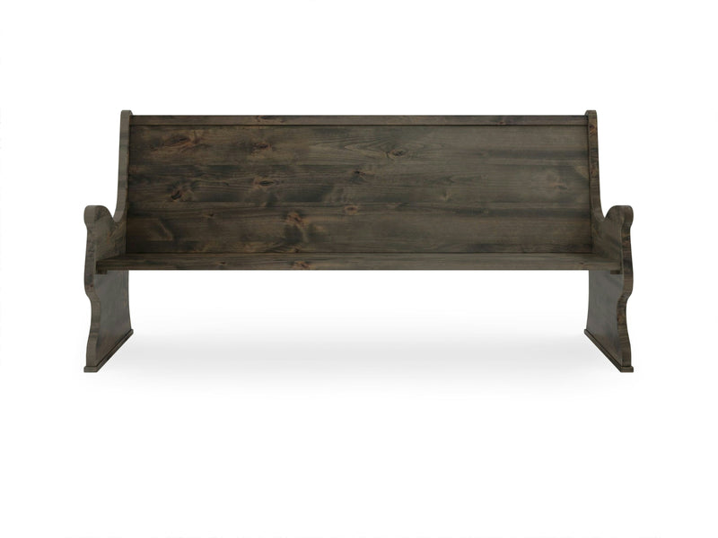 The Rustic Church Pew Bench - Deep Grey by James+James features a high backrest and curved armrests. With its simple, rustic design showcasing visible wood grain and natural imperfections, this bench exudes a vintage and sturdy appearance. It is displayed against a white background.