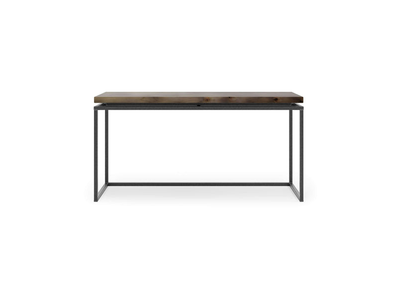 Introducing the Floating Top Sofa Table - Barn Wood by James+James: a minimalist-style desk featuring a rectangular wooden top and a sleek metal frame. With its simple, modern design and clean lines, this desk is perfect for a contemporary workspace or home office setting.