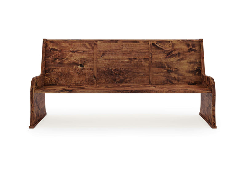 The Parish Pew Bench - Tuscany by James+James is a wooden bench with a rustic appearance. It features a high backrest and sides, showcasing natural wood grain patterns and a rich, dark stain. The design is simple and sturdy, providing seating intended for two or three people.