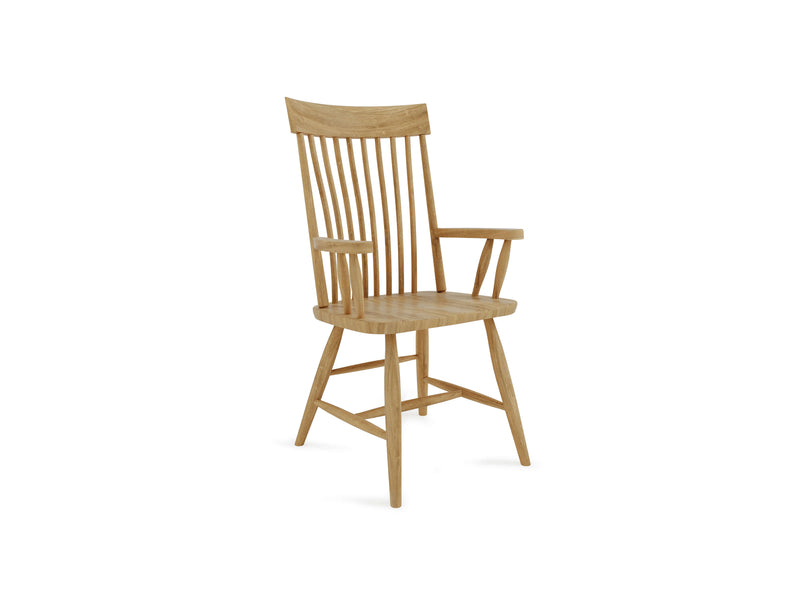 The Eleanor Arm Dining Chair - Harvest Wheat by James+James features a high, slatted backrest and armrests. This wooden chair showcases a natural wood finish with four legs that are connected by horizontal supports. Its simple and elegant design highlights the natural grain of the wood.