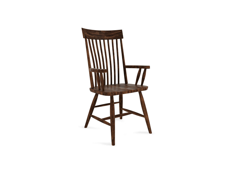 The Eleanor Arm Dining Chair - Tuscany by James+James is a wooden armchair featuring a high, vertically slatted backrest. It includes armrests and a plain, flat seat. The straight legs are connected by horizontal supports, providing the chair with a sturdy appearance. The wood boasts a dark, polished finish.