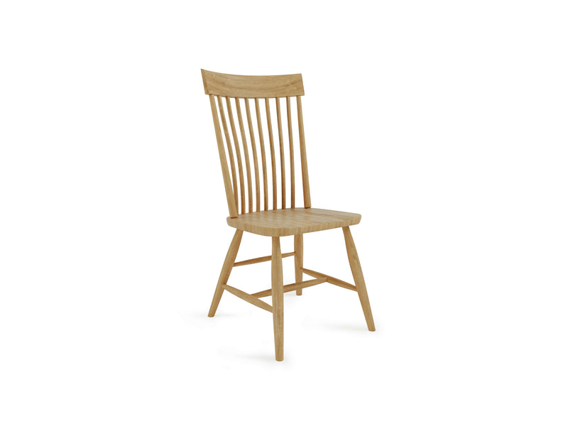 The Eleanor Side Dining Chair - Harvest Wheat by James+James features a curved slatted back, a flat seat, and four slightly tapered legs. The chair has a natural finish that beautifully showcases the wood grain, and it is positioned on a white background.