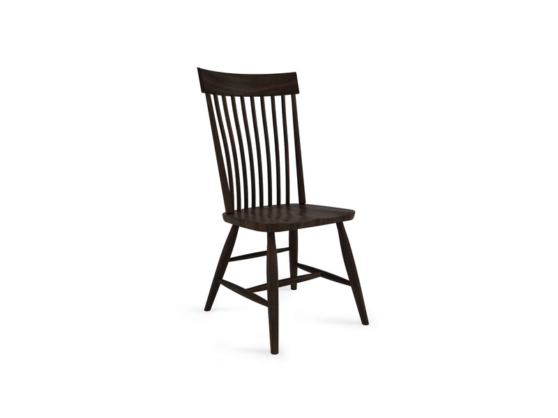 The Eleanor Side Dining Chair - Tobacco by James+James is a dark wooden chair with a minimalist design. It features a slightly curved backrest with vertical slats, a flat seat, and four legs supported by horizontal braces for added stability. The chair has a sleek, modern appearance.