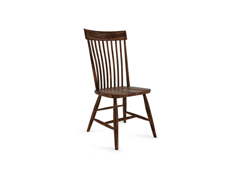 The Eleanor Side Dining Chair - Tuscany by James+James boasts a slatted backrest, flat seat, and four legs joined by crossbars for enhanced stability. This wooden chair comes with a dark brown finish and showcases a simple yet classic design, making it perfect for dining or use as an accent chair.