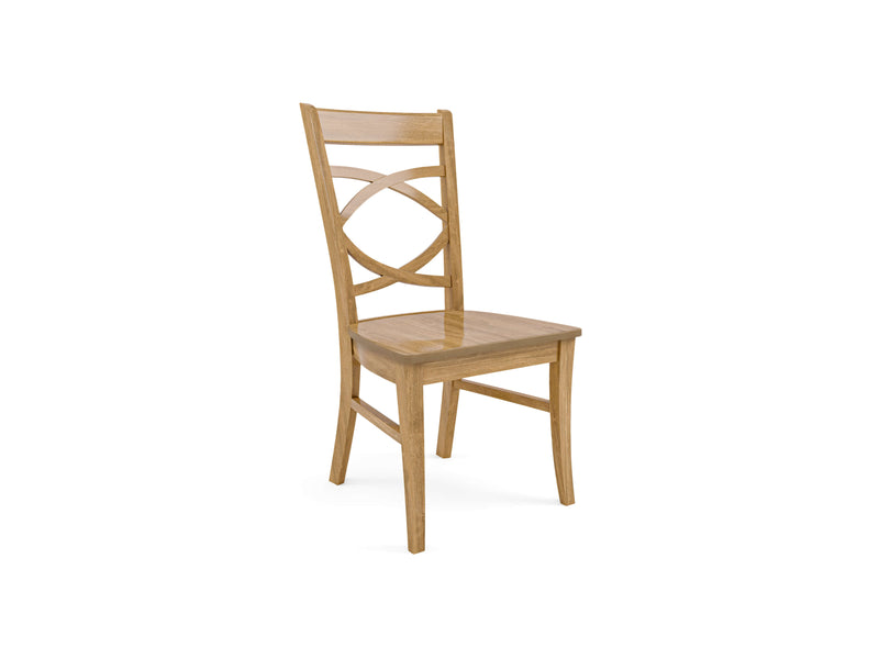 The Ansley Dining Chair - Harvest Wheat by James+James is a wooden chair with a light brown finish, featuring a rectangular, slightly curved backrest with an intersecting double-X design and a flat seat supported by four straight legs.