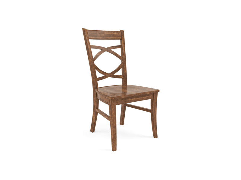 The Ansley Dining Chair - Tuscany by James+James is a wooden dining chair with a dark brown finish, featuring a high backrest with a unique interlocking oval design, straight legs, and a flat seat. This chair embodies a classic, rustic style that is perfect for traditional dining room settings.