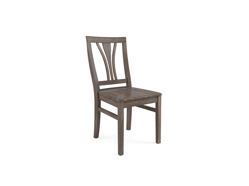 Presenting the Brooklyn Dining Chair - Barn Wood by James+James, this piece showcases a wooden frame with a dark brown finish. It features a slightly curved backrest adorned with three vertical, curved slats in the center that create an elegant decorative pattern. The chair has a flat, square seat and straight legs that are subtly tapered for a refined look.