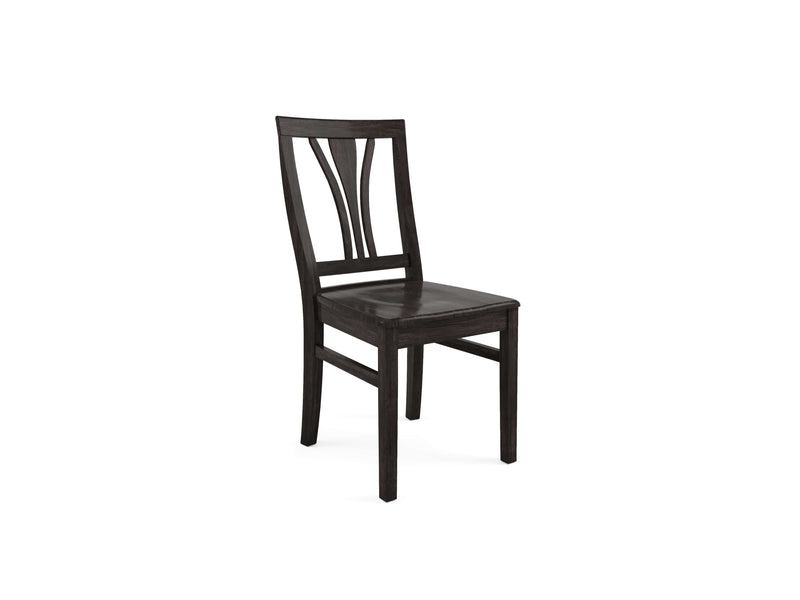 The Brooklyn Dining Chair - Charred Ember by James+James showcases a dark wooden aesthetic with a slatted backrest featuring three vertical slats that merge into an arched pattern. It features a flat, square seat and four straight legs, embodying a simple yet elegant design.