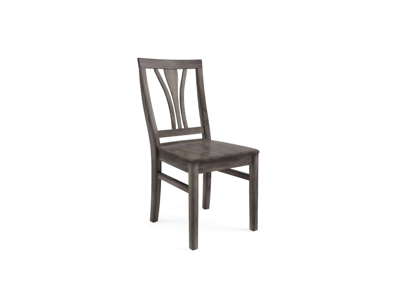 The Brooklyn Dining Chair - Deep Grey by James+James is a wooden chair with a dark finish, featuring a slightly curved backrest with three vertical slats forming a fan shape and four straight legs. This chair boasts a simple, classic design and is photographed against a white background.