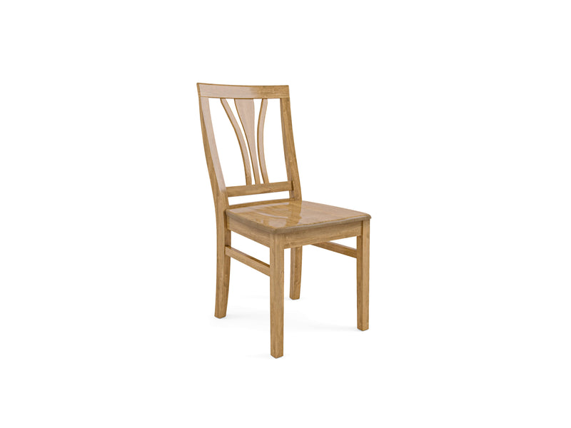 The Brooklyn Dining Chair - Harvest Wheat by James+James is a wooden chair with a light oak finish, featuring a curved, slatted backrest design. It has four legs and no armrests, along with a smooth, flat seat. The chair is positioned against a plain white background.