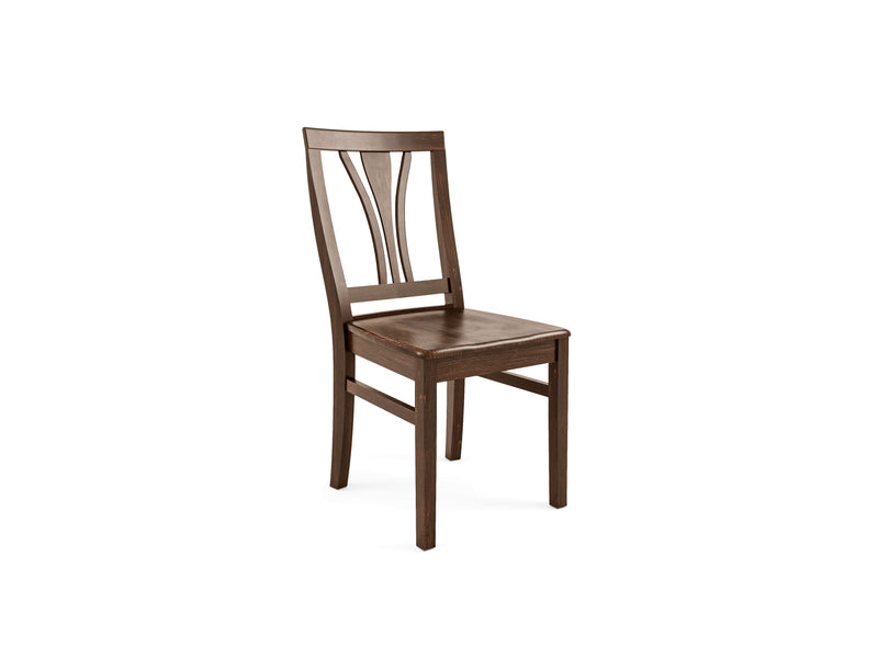 The Brooklyn Dining Chair - Tobacco by James+James is a wooden chair with a high backrest featuring a curved spindle design. It has four straight legs and a flat seat, all finished in dark brown. The chair is viewed from a slight side angle, showing the back and one side.