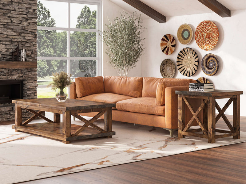 Close-up view of the Carter X Side Table - Tuscany by James+James, showcasing a wooden surface with a natural knot and distinct wood grain patterns. The medium brown wood exhibits visible variations in shade and texture, emphasizing the organic and unique characteristics of the material.