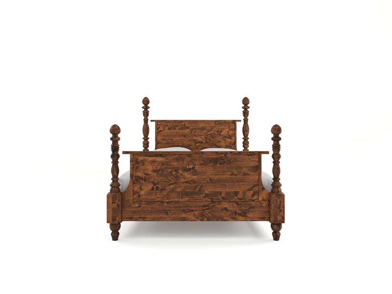 Front view of the Catherine Bed - Tuscany by James+James, showcasing its rustic design with tall, carved posts at each corner and matching headboard and footboard. The bed features a rich, dark brown wood finish and is set against a plain white background.