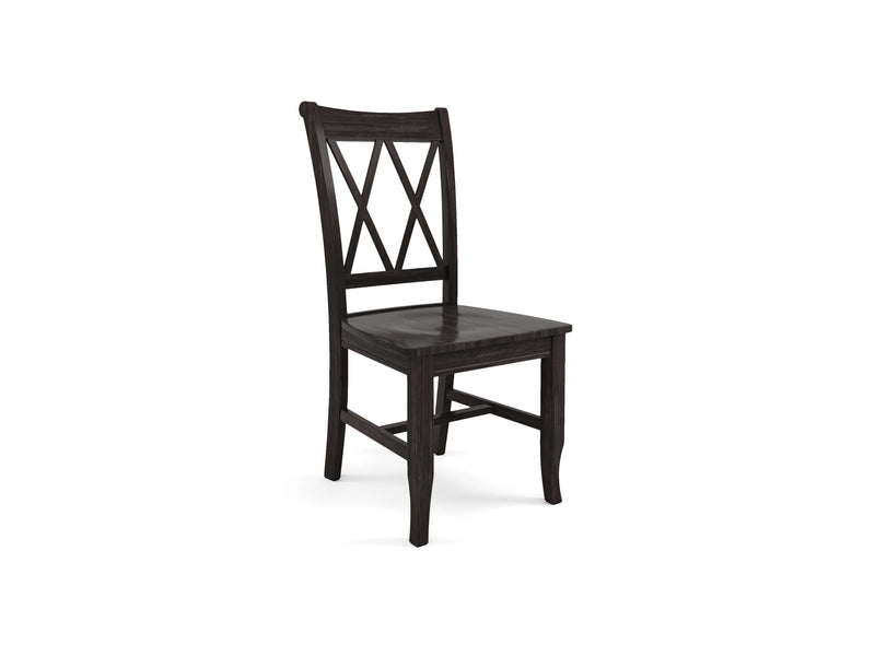 A James+James Double X-Back Dining Chair - Charred Ember with a dark finish, featuring a cross-back design and slightly curved legs. The chair has a flat, smooth seat and embodies a simple, classic style. It is pictured against a plain white background.