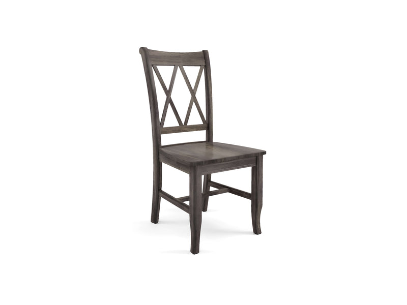 The James+James Double X-Back Dining Chair in Deep Grey features a wooden frame with a dark finish and an elegant X-shaped backrest design. Its seat and legs showcase a simple, classic style, and the chair is positioned at an angle that highlights its front and one side.