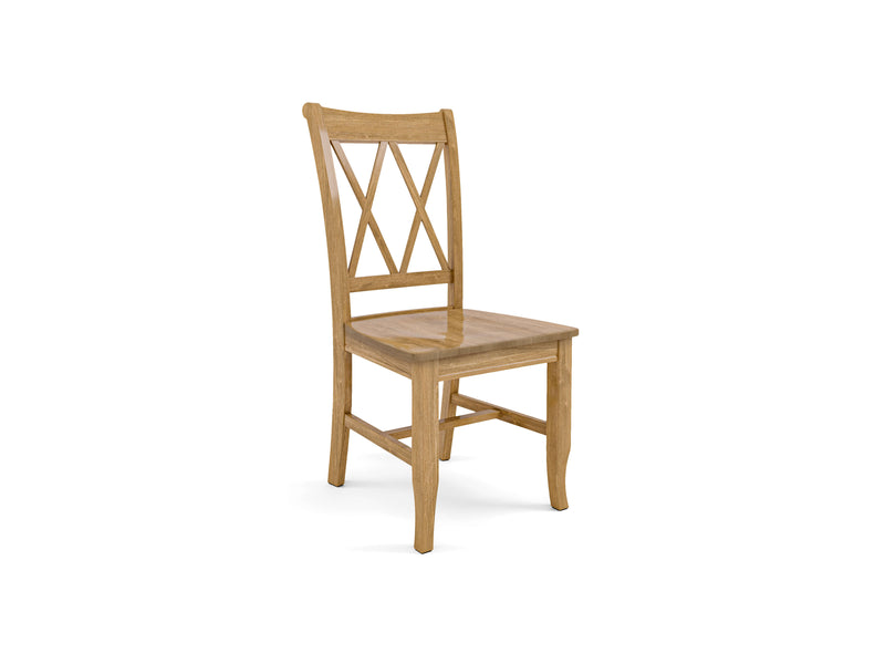 The Double X-Back Dining Chair - Harvest Wheat by James+James is a light wooden chair with a glossy finish, featuring a double-X backrest design, a flat seat, and slightly curved legs. The chair is positioned at an angle, showcasing the front and one side.