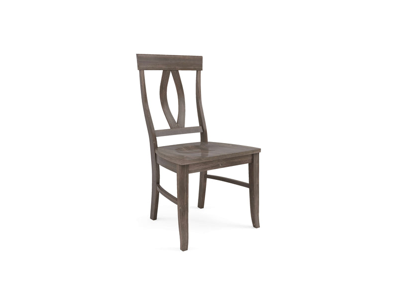 The Elizabeth Dining Chair - Barn Wood by James+James is a wooden dining chair with a dark finish. It features a rectangular backrest with an intricate open-back design resembling intersecting ovals. The seat is flat and the legs are slightly tapered. The chair is placed on a white background.