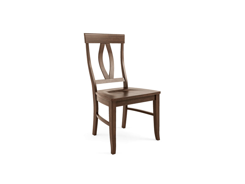 The Elizabeth Dining Chair - Tobacco by James+James is crafted from wood and boasts a polished finish. It features a rectangular backrest with a vertical, oval cutout design and straight legs. The seat is flat with a smooth surface, while the chair’s slightly curved structure adds an elegant touch.