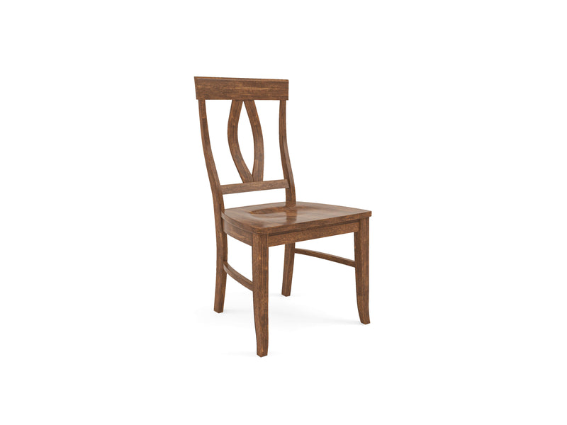 The Elizabeth Dining Chair - Tuscany by James+James is a wooden dining chair with a brown finish. It features a slatted backrest adorned with a decorative, curved diamond-shaped cutout in the center. The design is simple and rustic, boasting slightly curved legs and a rectangular, flat seat.