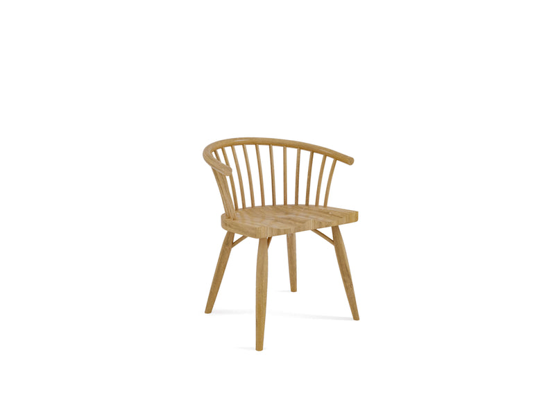 The Maria Dining Chair - Harvest Wheat by James+James is a wooden chair with a rounded backrest featuring vertical slats extending to form armrests. It boasts four sturdy, tapered legs and a slightly curved seat for ergonomic support. The design is minimalist and retains its natural wood color.