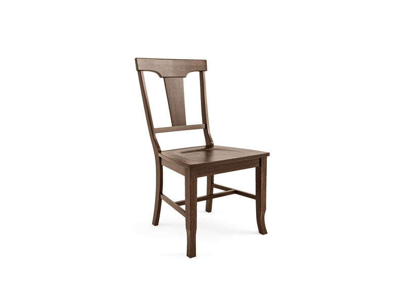 The Grace Dining Chair - Tobacco by James+James features a dark brown finish, a tall backrest with a rectangular cutout in the center, and a solid seat. The chair is designed with straight, slightly tapered legs and simple horizontal support bars.