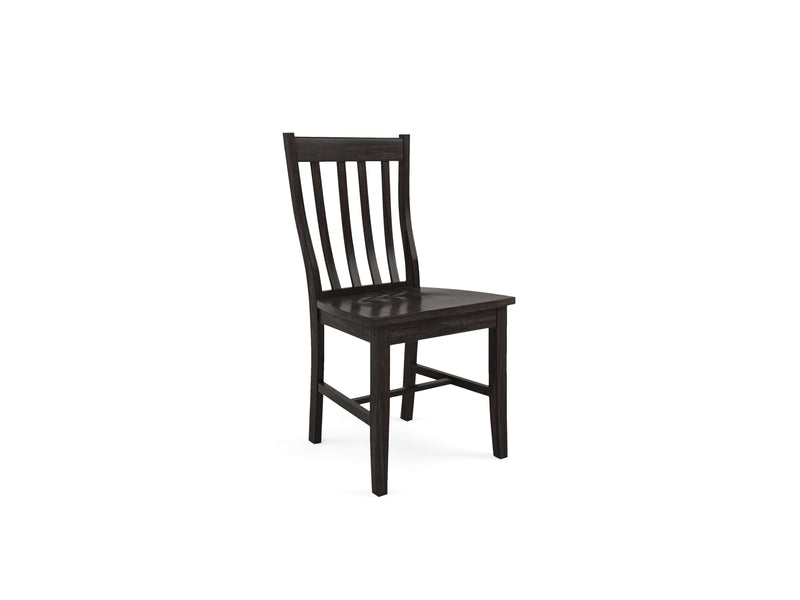 The Henry Dining Chair - Charred Ember by James+James is depicted against a white background. This dark wooden chair showcases a high backrest with vertical slats and a flat seat, embodying a simple, classic design enhanced by four straight legs for support.