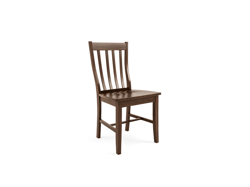 The Henry Dining Chair - Tobacco by James+James features a dark wood finish, a slatted backrest, and four straight legs. The flat seat appears to be made of solid wood. This chair boasts a classic, minimalist design and is showcased against a white background.