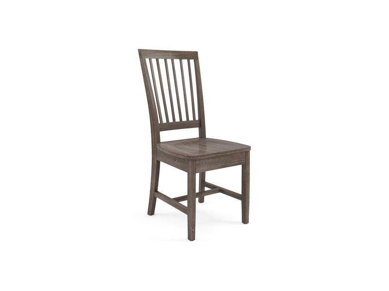 The Jane Dining Chair - Barn Wood by James+James is a wooden dining chair that features a slatted backrest, a rectangular seat, and four straight legs. Its minimalist design is complemented by a dark, rustic finish.