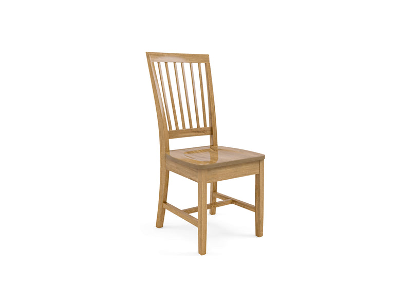 The Jane Dining Chair - Harvest Wheat by James+James is a wooden dining chair with a natural finish. It features a slatted backrest and a flat, smooth seat. The chair has straight legs with horizontal support bars connecting them for added stability, and it is set against a plain white background.