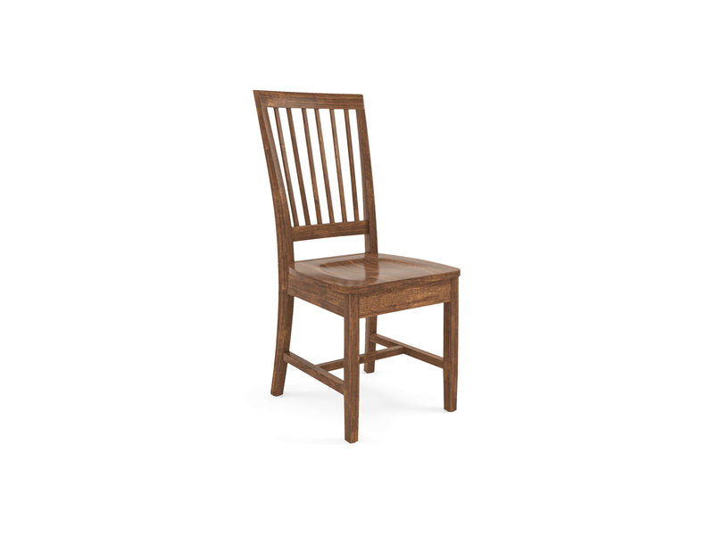 The Jane Dining Chair - Tuscany from James+James features a wooden frame with a slatted backrest and a smooth, flat seat. The chair showcases a simple, classic design with straight legs and a crossbar for added support. The wood has a natural brown finish.