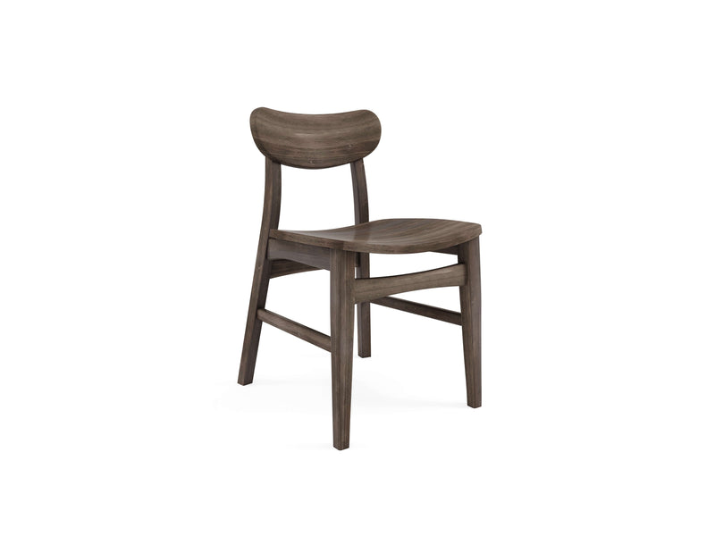 The Lynn Dining Chair - Barn Wood by James+James is a wooden chair featuring a dark finish, a curved backrest, and a slightly concave seat. It has four sturdy legs with simple connecting supports and boasts a minimalist, modern design that is perfect for dining or office spaces.