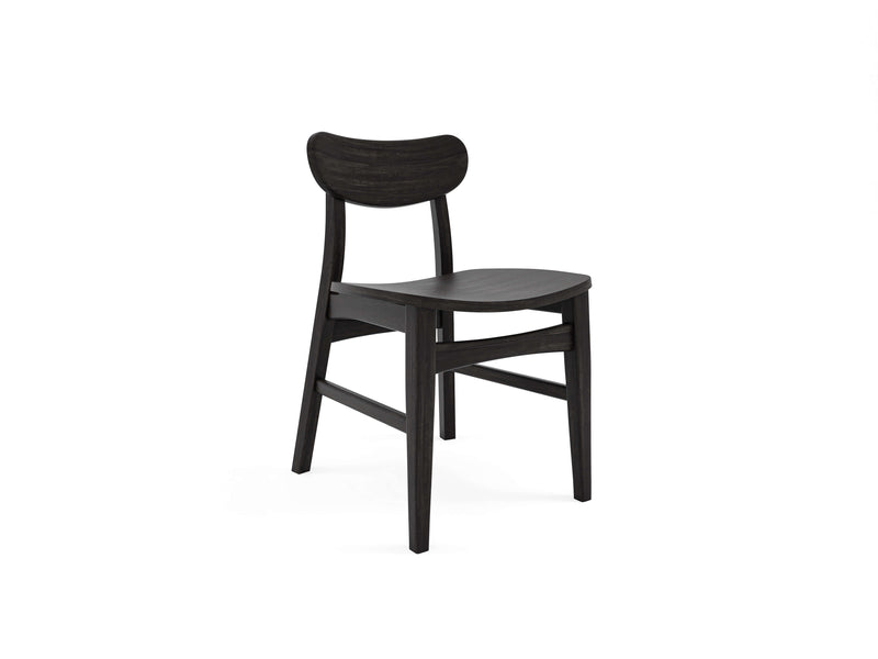 The Lynn Dining Chair - Charred Ember by James+James is a sleek, black wooden chair featuring a gently curved backrest and a simple, modern design. It boasts four tapered legs and a slightly angled seat, making it perfect for dining or casual seating. Its minimalist style adds a touch of elegance to any space.