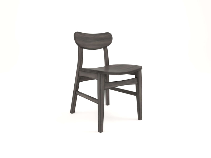 The Lynn Dining Chair - Deep Grey from James+James features a dark wooden frame with a curved backrest and four straight legs. This minimalist design has wood that appears slightly weathered and is showcased against a plain white background.