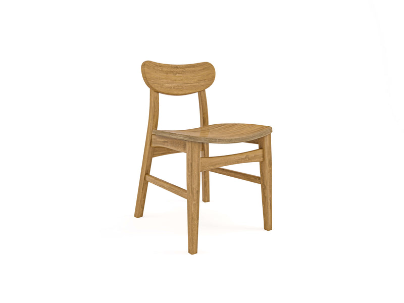 Introducing the Lynn Dining Chair - Harvest Wheat by James+James. This wooden chair features a curved backrest and embodies a simple, minimalist design. It has a natural wood finish and four sturdy legs. The seat is slightly curved for ergonomic comfort, presenting an overall style that is modern and clean.