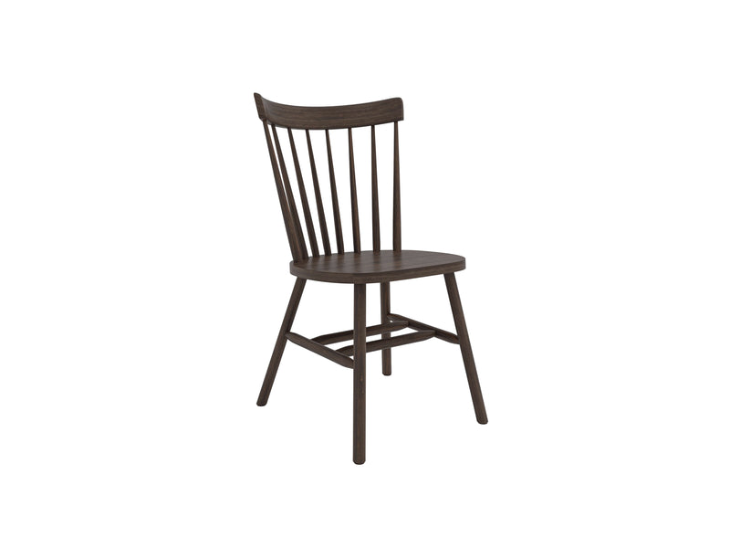 Introducing the Rustic Windsor Dining Chair - Tobacco from James+James. This wooden chair showcases a rich, dark finish and features a flat seat, a slightly curved backrest with vertical slats, and four angled legs reinforced with crossbars for extra support. Its design exudes simplicity and traditional charm.