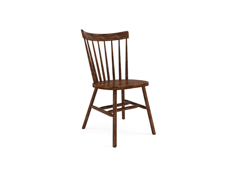 Presenting the Rustic Windsor Dining Chair - Tuscany by James+James: a beautifully crafted wooden chair featuring a curved backrest with vertical slats. The chair boasts a flat seat and four angled legs reinforced with additional support slats, all seamlessly finished in dark, varnished wood for a polished and elegant look.