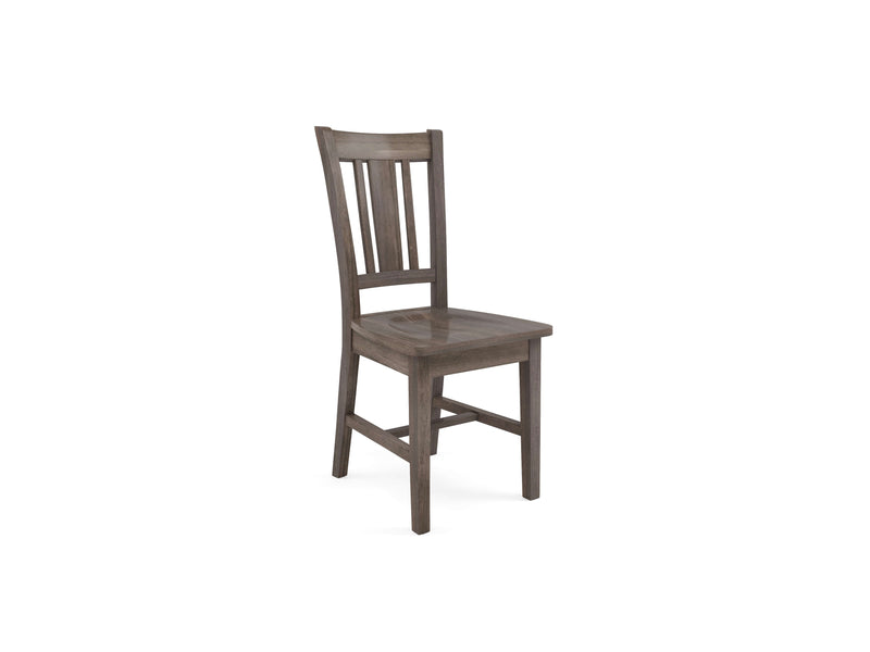 Introducing the William Dining Chair - Barn Wood from James+James. This wooden chair, boasting a rich dark brown finish, features a timeless design. It includes a slatted backrest with three vertical slats, a rectangular seat, and four sturdy legs reinforced by additional crossbars for extra support. Classic simplicity at its finest.