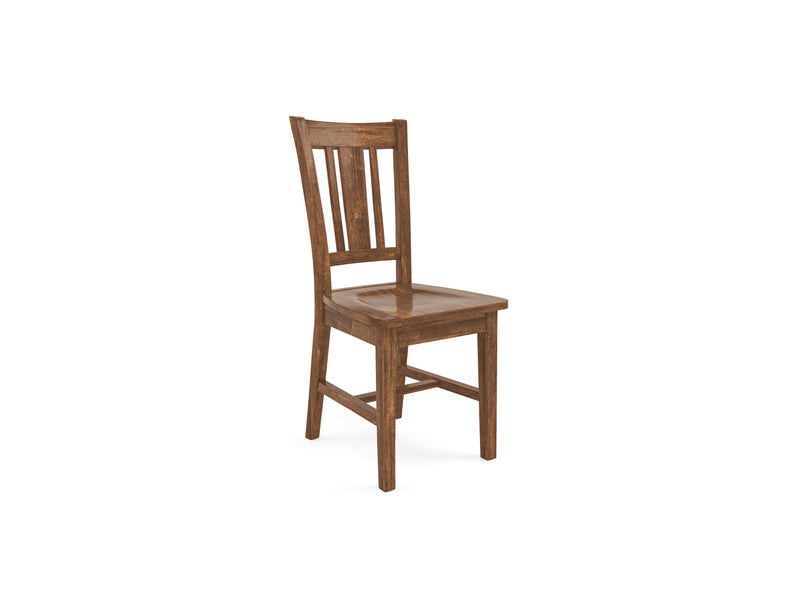 The William Dining Chair - Tuscany by James+James features a wooden construction with a slatted backrest and a simple, sturdy design. The chair has a medium-brown finish and four legs connected by horizontal support bars near the base, while the flat and smooth seat matches the finish of the rest of the chair.