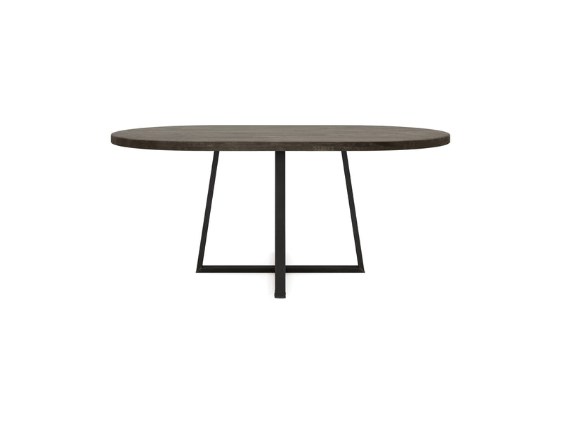 The Watson Oval Dining Table - Deep Grey by James+James is a minimalist piece with an oval-shaped wooden tabletop in deep grey. It rests on a modern black metal frame with a geometric design, featuring four intersecting legs at the base for stability. The smooth finish of the tabletop enhances its sleek appearance.