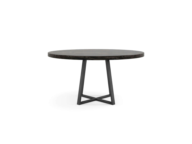 A James+James Watson Round Dining Table in Charred Ember. The tabletop boasts a sleek design and is upheld by four metal legs that meet in a crisscross pattern at the base. It stands against a plain white background.