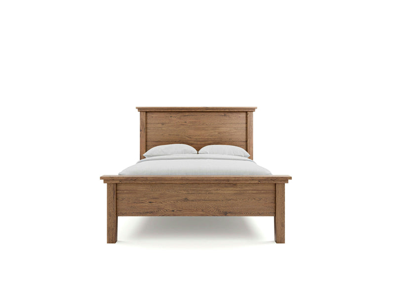 The Ivy Bed - Tuscany by James+James features a wooden frame with a rectangular headboard and footboard, showcasing a rustic finish. The bed is beautifully made with white sheets and two pillows. The background is plain white.