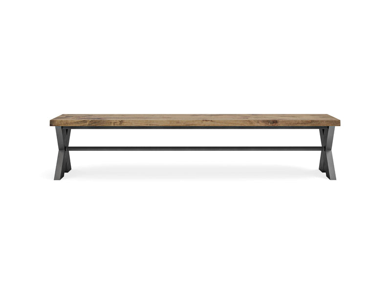 Introducing the X-Base Bench - Harvest Wheat by James+James: a rectangular wooden bench featuring a light brown finish and a smooth surface. Its black metal legs form an X shape, connected by a horizontal metal bar beneath the seat to enhance support and stability, embodying a rustic, industrial design.