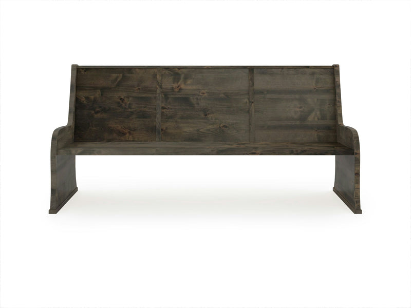 Introducing the Parish Pew Bench - Deep Grey from James+James: This wooden bench features a high backrest and armrests on both ends. It boasts a rustic finish and solid, sturdy construction, crafted from dark-stained wood that imparts a vintage or handmade look. The product is set against a plain white background.