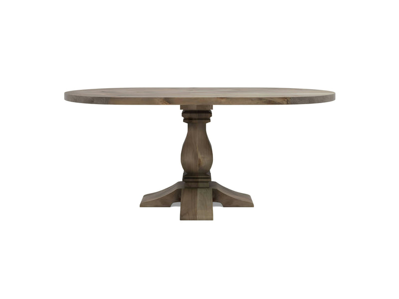 The Heirloom Oval Dining Table by James+James boasts a thick, single pedestal base that splits into four feet for sturdy support. Made of barn wood with a rustic finish that showcases natural grain patterns, this simple yet elegant table is perfect for dining or entryway settings.