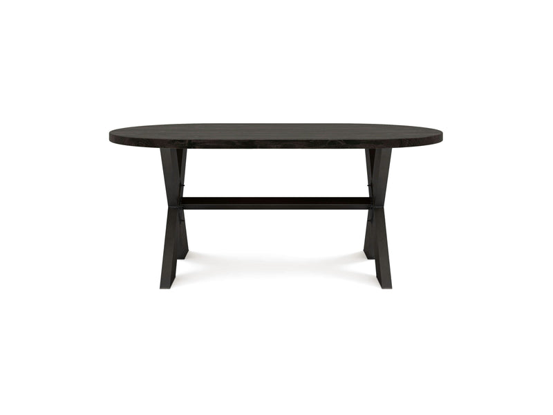 The X-Base Oval Dining Table - Charred Ember by James+James features a simple and modern design, characterized by its dark wood finish. The table has a substantial rectangular center support that connects its outwardly angled legs, creating an A-frame appearance.