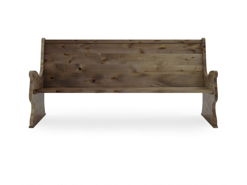 The Rustic Church Pew Bench - Barn Wood by James+James is a wooden bench with a backrest and side armrests, featuring a rustic design with visible wood grain and slight knots. The bench has a simple, unfinished look, emphasizing its natural material and craftsmanship.