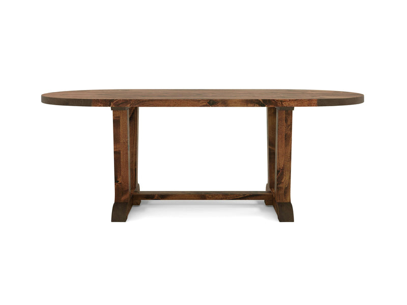 The Thaden Oval Dining Table - Tuscany by James+James features a wooden, oval-shaped design with a sturdy trestle base. It boasts a rich, dark brown finish that highlights the natural wood grain, making it perfect for rustic or traditional dining settings. The table is depicted against a plain white background.