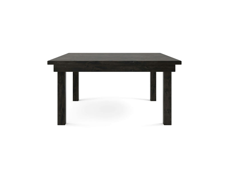 The James+James Farmhouse Square Dining Table in Charred Ember, viewed from the front against a white background, boasts a dark wooden construction with a simple rectangular design and sturdy legs. The table features a smooth, flat surface and clean, minimalist lines.