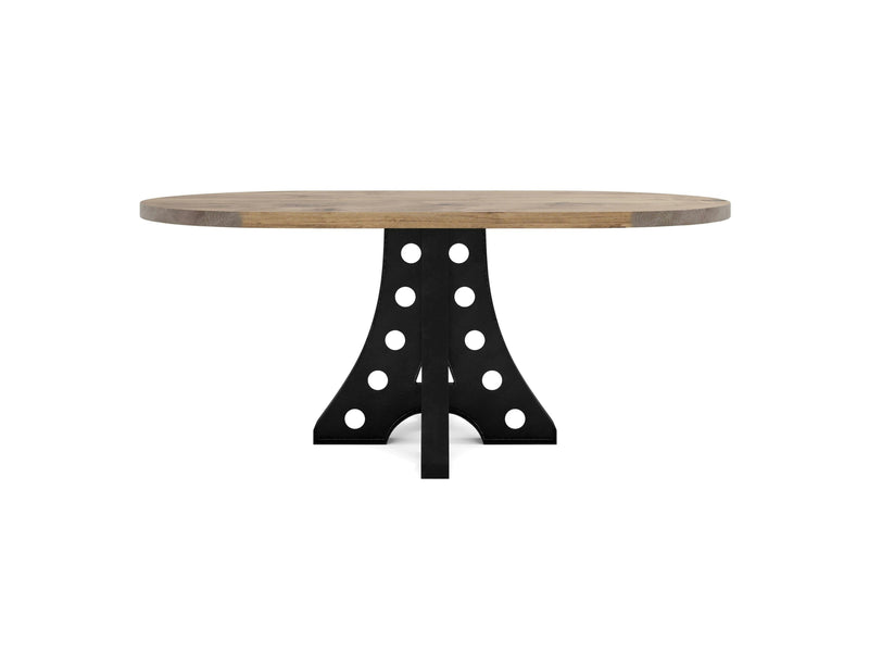 Introducing the Amelia Oval Dining Table - Harvest Wheat by James+James, a distinctive blend of rustic wood and modern industrial design. This table features a thick tabletop resting on a black, uniquely designed pedestal base with circular cutouts.